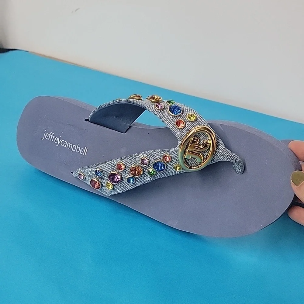 Jeffrey Campbell ICONICS Flip Flop In Blue Denim Multi Color Gemstones Size 9 - Picture 5 of 10